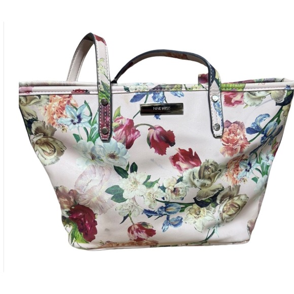 Nine West Baby Pink Floral Satchel Bag Snap Closure Medium Sized Handbag - Picture 1 of 7